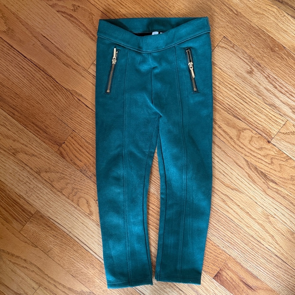 Janie & Jack Green Suede Leggings with Gold Zipper Accents